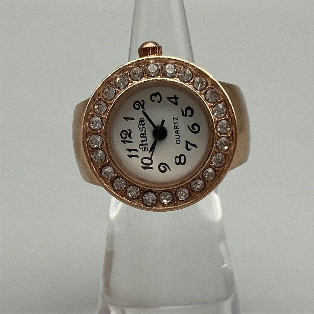 Shasa Ring Watch Women 21mm Rose Gold Tone Crystals Stretch Band New Battery